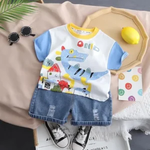 Boy's White Print T-Shirt & Denim Shorts Set