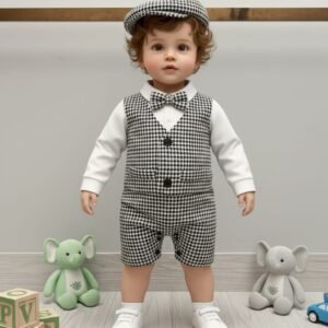 Boy Black Checker Romper & cap