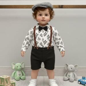 Boy Black flowers Romper & Cap