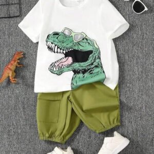 Boy's White Dino Print T-Shirt & Denim Shorts Set